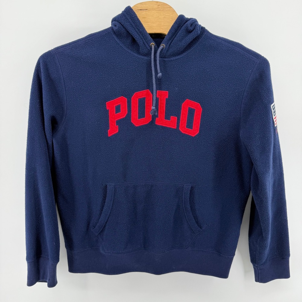 Polo Ralph Lauren Mens Navy Blue Fleece Hoodie USA Flag Patch Red Logo Large